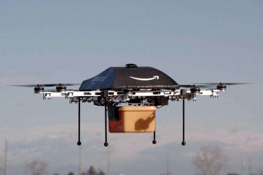 An Amazon flying "octocopter" mini-drone that would be used to fly small packages to consumers.