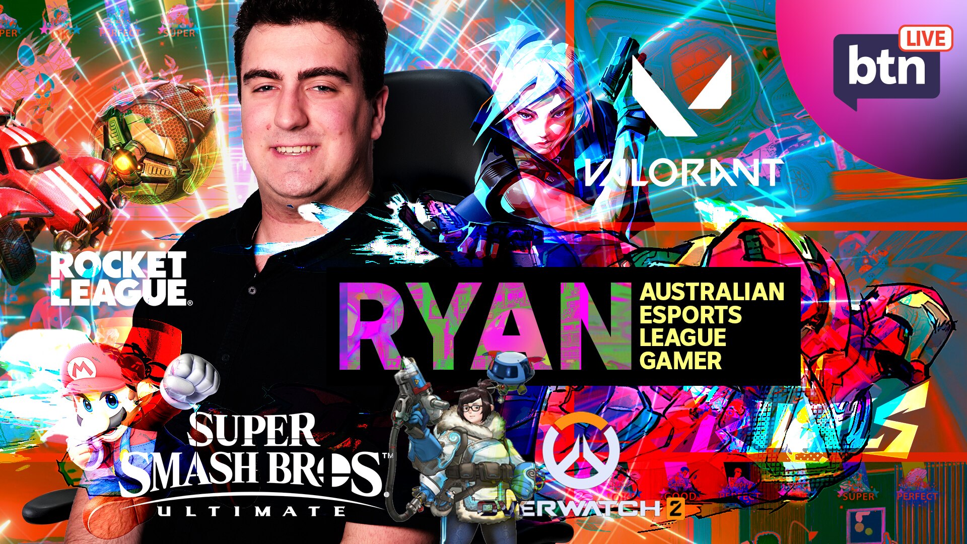 Ryan with logos, characters and screenshots from various games in the background.