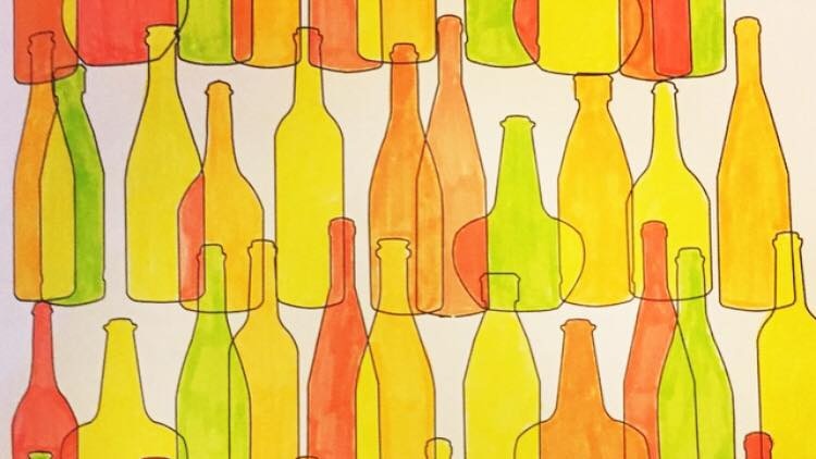 A coloured in line drawing of a pattern based on bottle shapes.