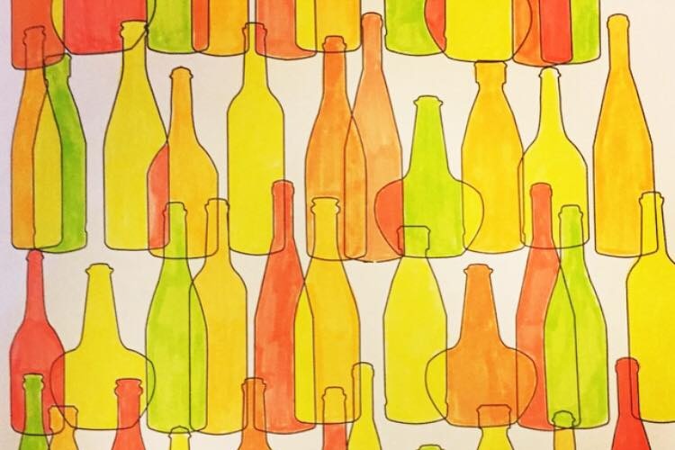 A coloured in line drawing of a pattern based on bottle shapes.