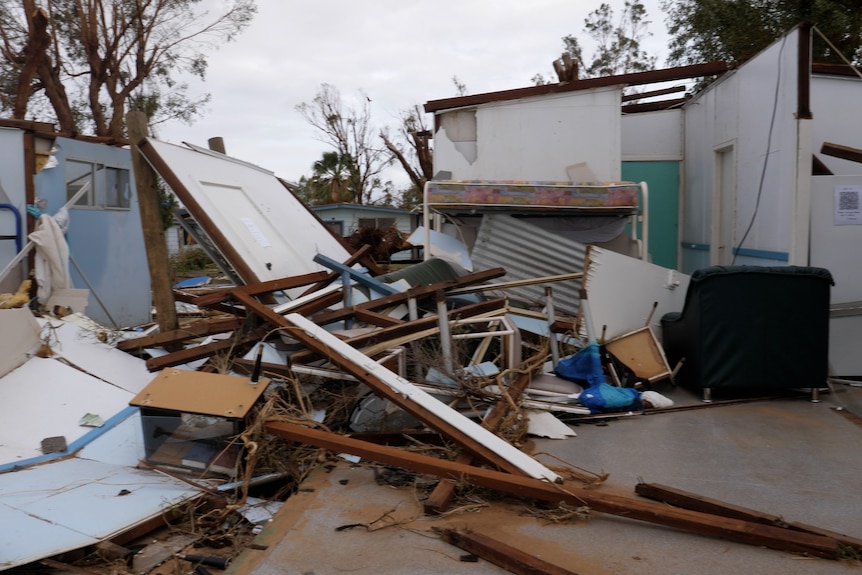 Riverfront accommodation in Kalbarri destroyed by Cyclone Seroja. 