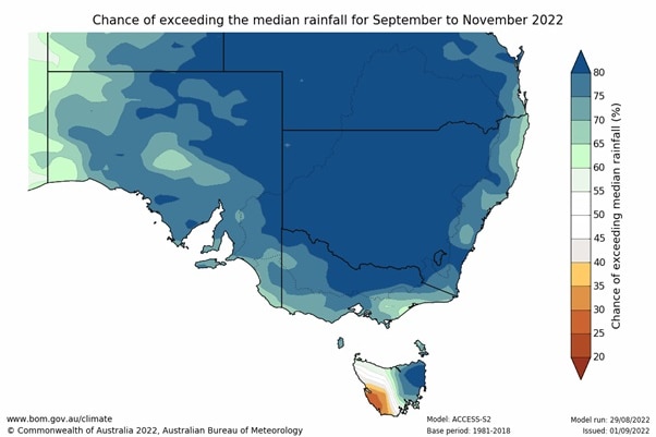 A map shows the south-east of Tasmania and the high chance of exceeding median ranfall.