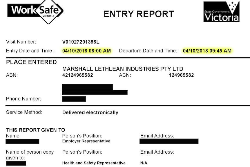 A WorkSafe Entry report detailing an inspection at Marshall Lethlean, with Entry Date and Times highlighted.