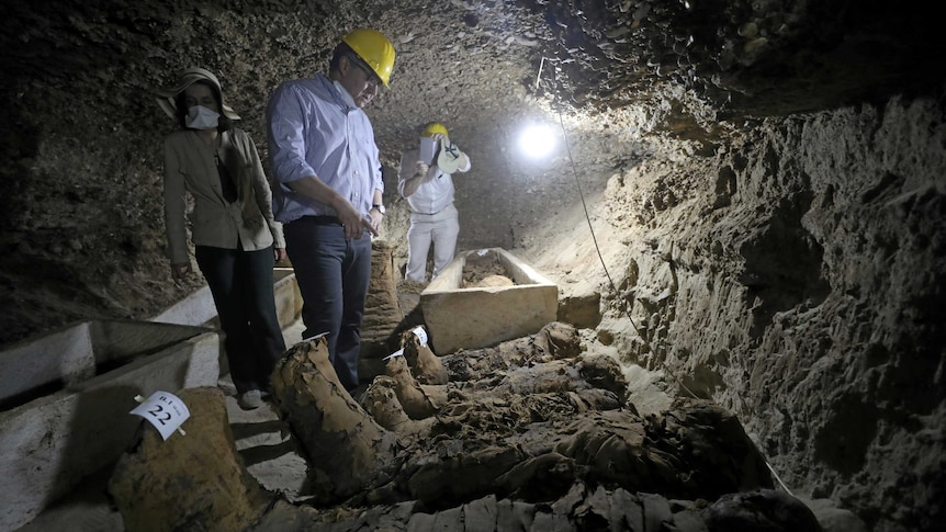 Khaled Al-Anani examines mummies in the tomb.