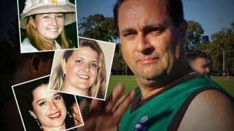 A man in a green football shirt next to inset pictures of three smiling young women.