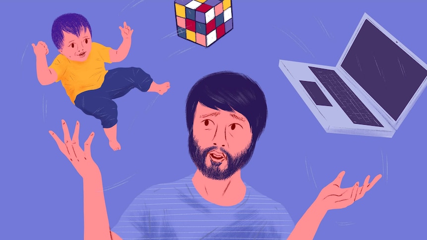 Illustration of Lawrence Leung juggling child, rubik's cube and laptop for story on parents and work-life balance