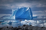 a picture of a iceberg surrounded by smaller ones near Adelaide Island, Antarctica Peninsula, a small boat in the foreground