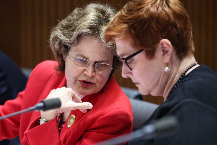 Frances Adamson whispers to Marise Payne, who she's sitting alongside