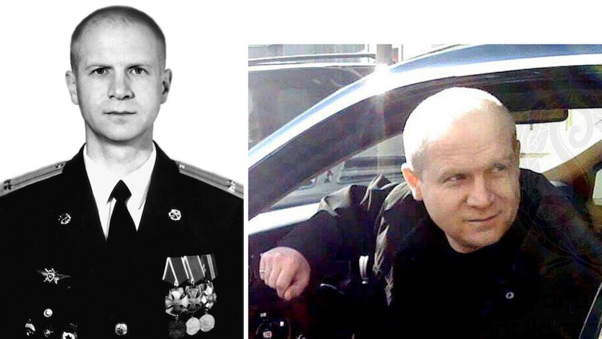 A composite of a man in military uniform and a man looking out of the driver's door of a car