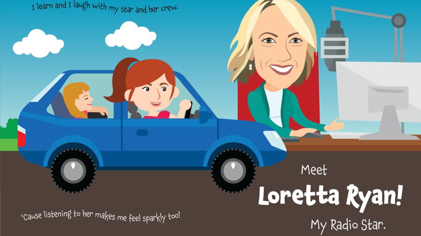 A cartoon version of a woman with gold hair in a car, with the words "Meet Loretta Ryan! My radio star" written underneath.