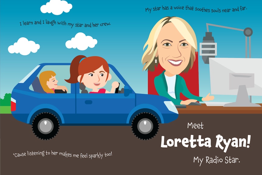 A cartoon version of a woman with gold hair in a car, with the words "Meet Loretta Ryan! My radio star" written underneath.