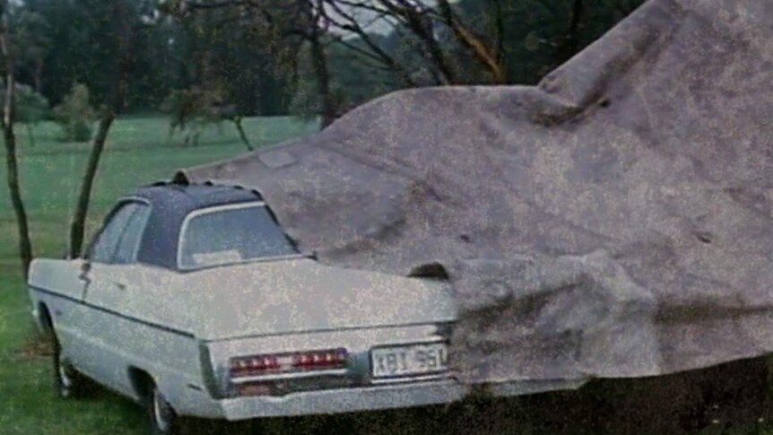 A large tarp partially covers Shirley Finn's Dodge sports car