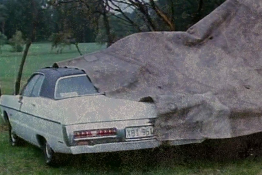 A large tarp partially covers Shirley Finn's Dodge sports car