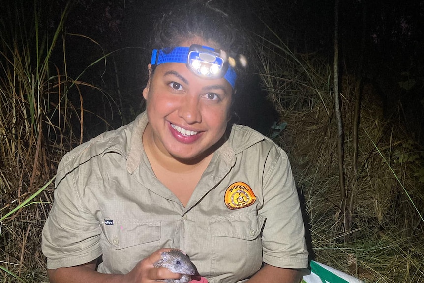A ranger in a khaki shirt with a headlamp holds a bandicoot and smiles at the camera.
