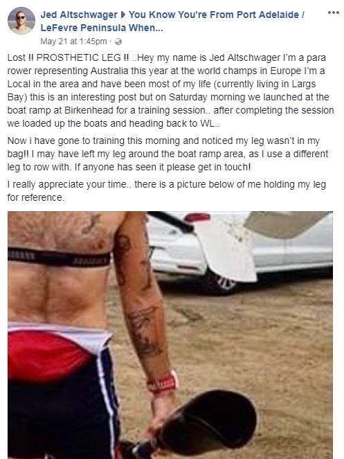 A post on Facebook calling out for Jed Altschwager's missing prosthetic leg.