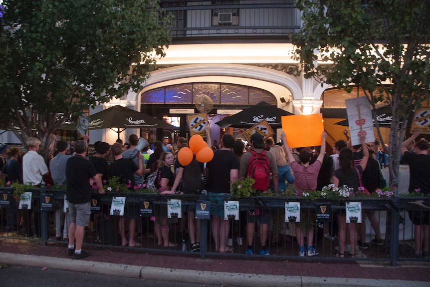 Protesters outside a Pauline Hanson event at a Perth pub