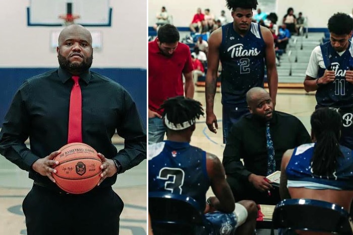 A composite picture of DeMarcus Berry holding a basketball on the left and coaching a team on the right