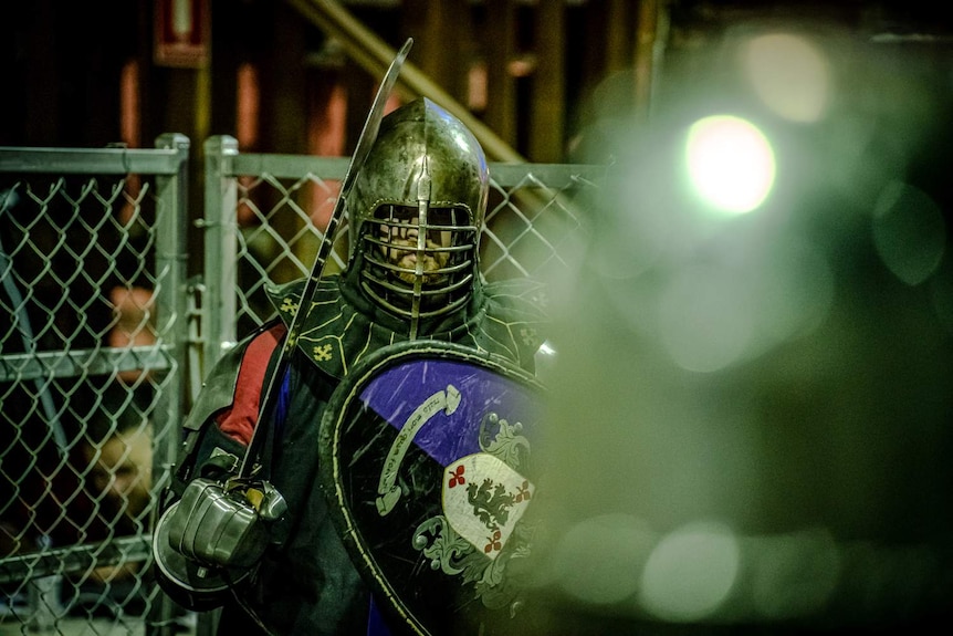 A fighter in steel armour holds a sword and shield