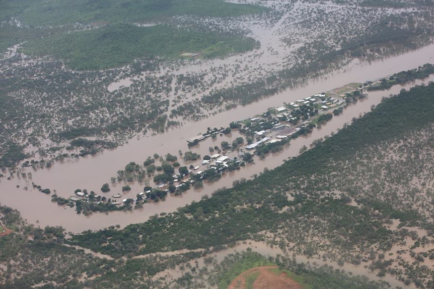 Flooded Daly River community seen from the air.