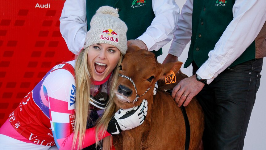 Lindsey Vonn poses with a cow