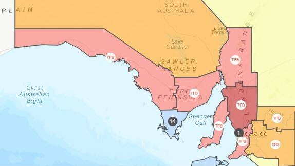 A colour coded map of total fire ban regions in South Australia provided by the CFS.