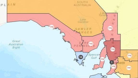 A colour coded map of total fire ban regions in South Australia provided by the CFS.