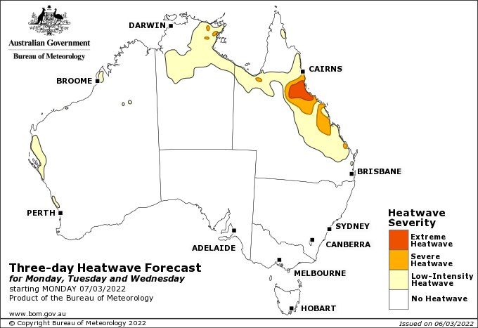 A map of Australia showing heatwave-affected areas on the east coast of Queensland.