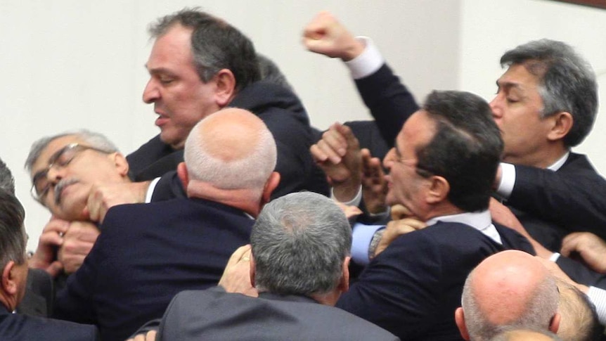 Politicians brawling in Turkish parliament