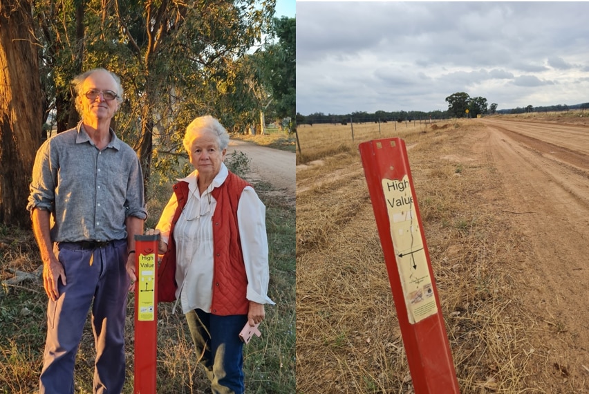 A compositite photo of a man and woman on the left and a dirt road on the right