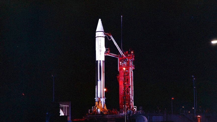 1966 photo provided by the San Diego Air and Space Museum shows an Atlas Centaur 7 rocket on the launchpad.