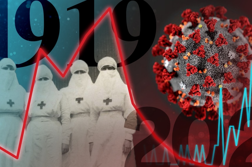 A composite graphic showing graphs and COVID-19 germ as well as 1919 nurses in protective gear