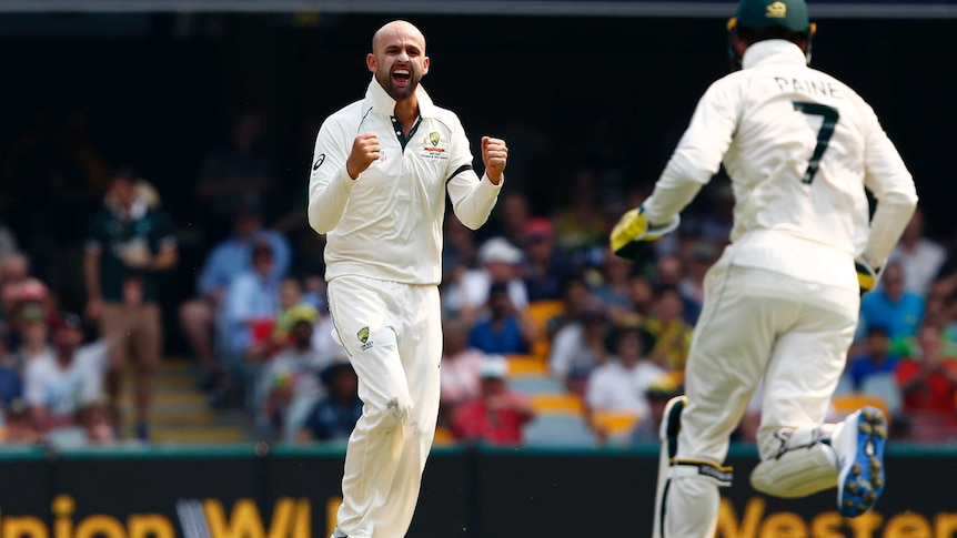 Nathan Lyon clenches his fists and roars in delight as Tim Paine runs to celebrate with him.