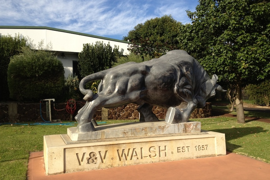 A bronze bull in front of an abattoir in Western Australia