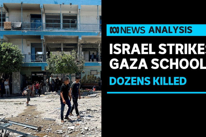 Israel Strikes Gaza School, Dozens Killed: A damaged building in the background with two boys walking in the foreground.