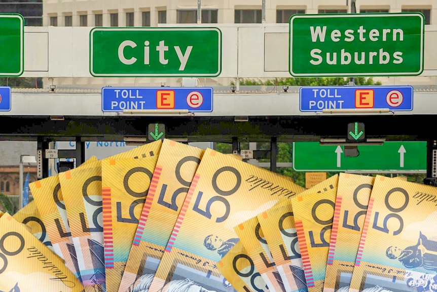 A thumbnail of Sydney's tolls and a piles of $50 bills.