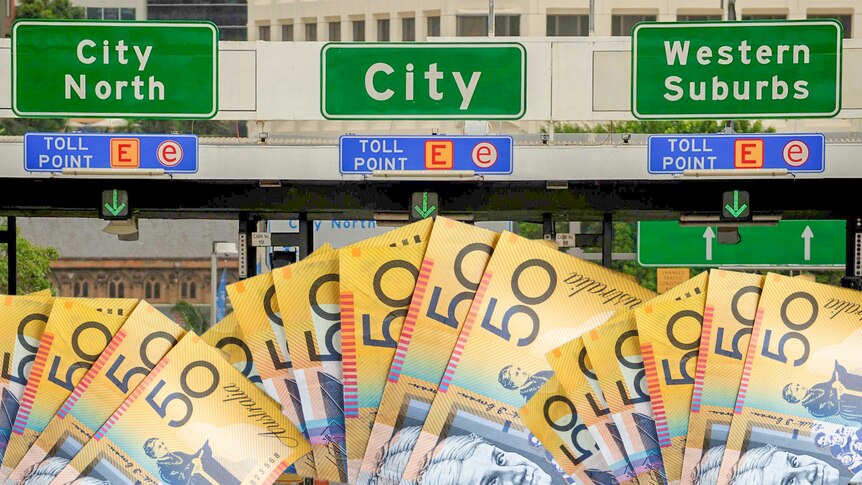 A thumbnail of Sydney's tolls and a piles of $50 bills.