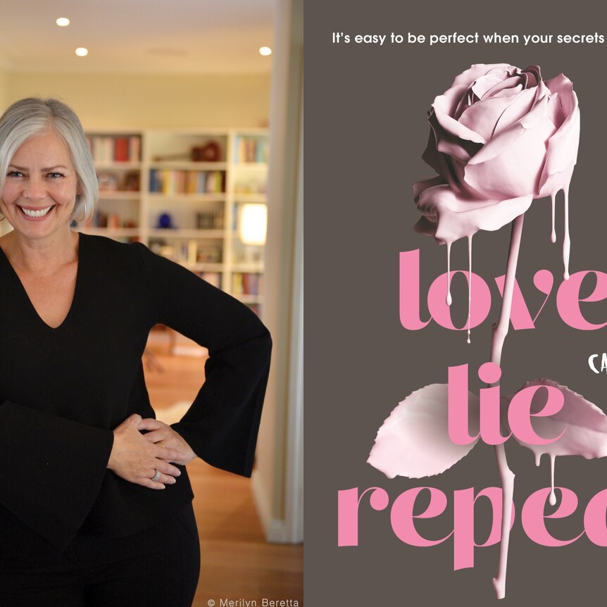 Catherine Greer and the cover of her book Love Lie Repeat.