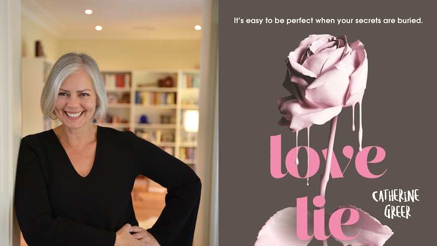 Catherine Greer and the cover of her book Love Lie Repeat.