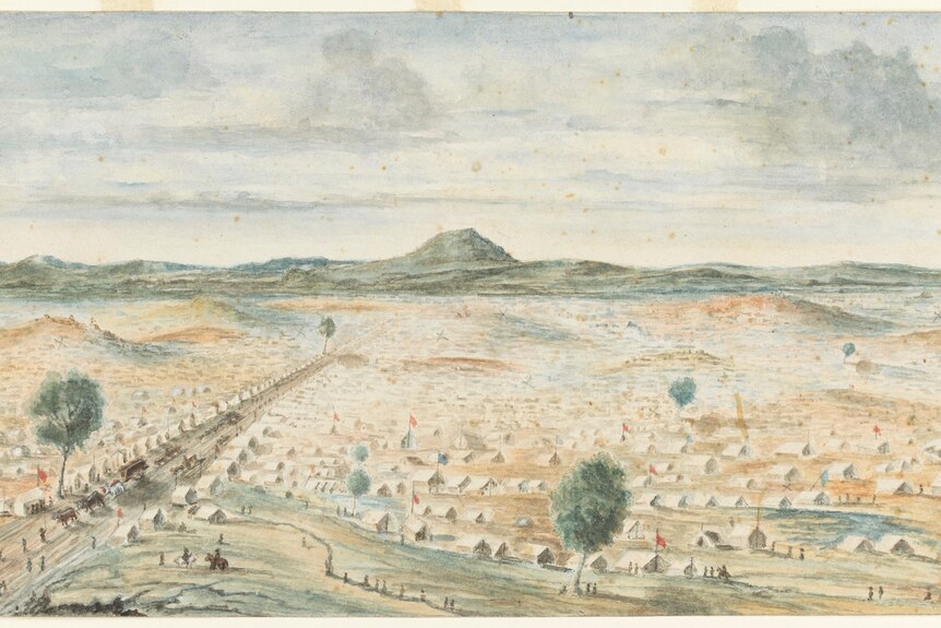 a watercolour rendition of the ballarat goldfields as they first begun