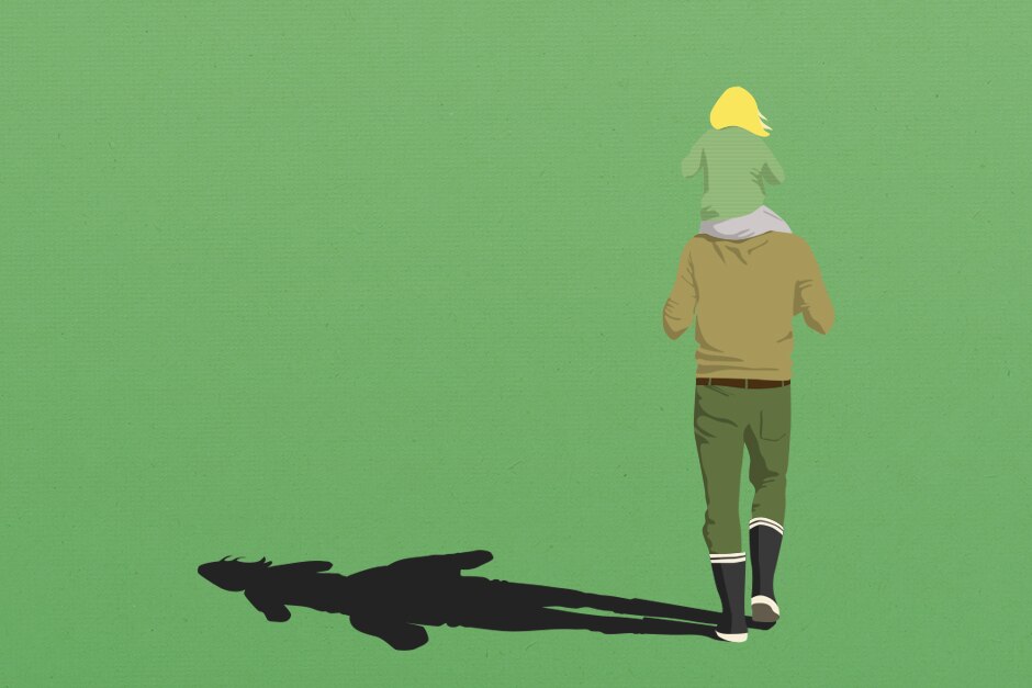 An illustration of a dad carrying his child on his shoulders