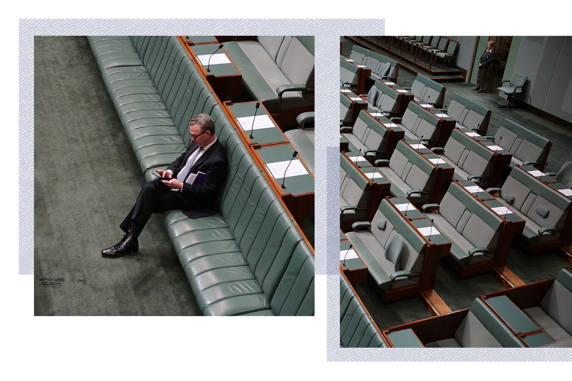 Christopher Pyne using his phone among empty seats .