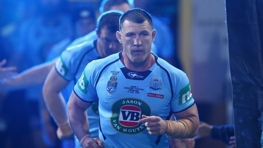 Paul Gallen leads Blues out for State of Origin III against Maroons at Lang Park on July 8, 2015.