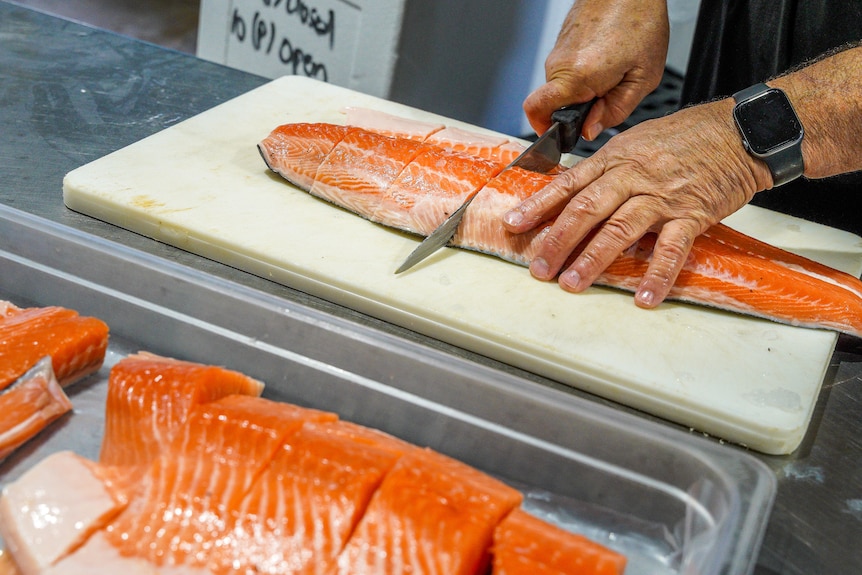 Fishmonger slices fresh plump salmon fillet