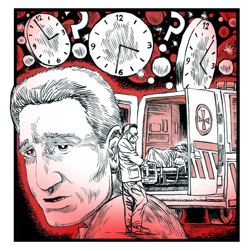 An illustration of a pandemic in front of an ambulance with giant clocks surrounding it