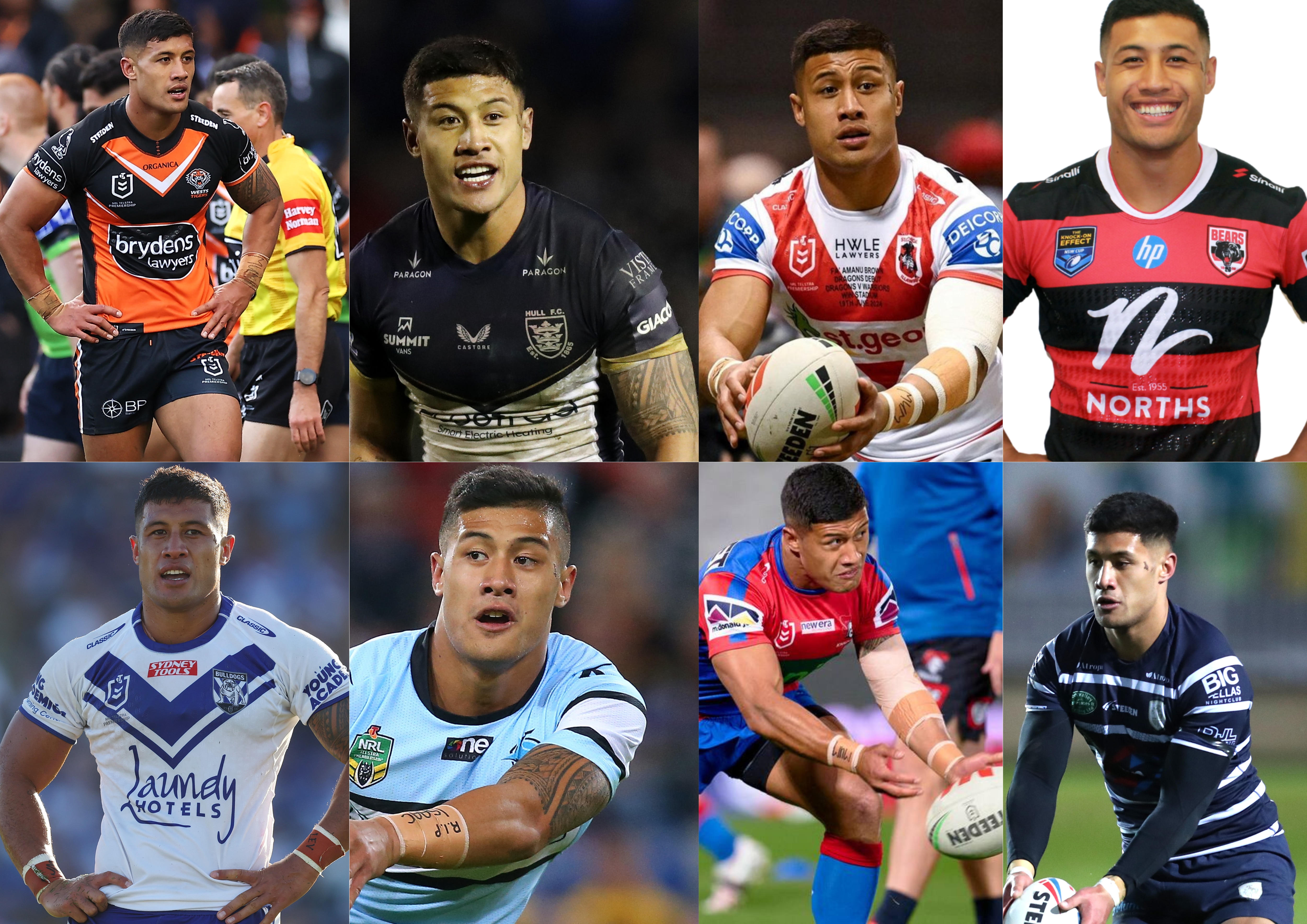A collage of one player wearing eight different rugby leagye jerseys 