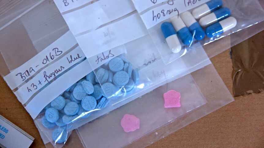 Small labelled plastic bags with pills inside.