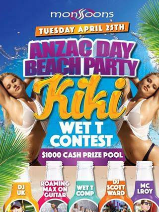 Monsoons bar advertised a wet t-shirt contest for its Anzac Day party on April 25, 2017.