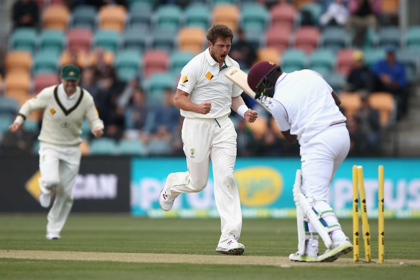 James Pattinson celebrates bowling Darren Bravo