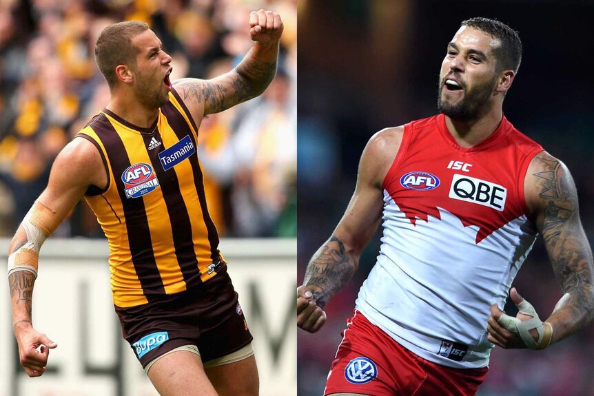Composite of Lance Franklin in Hawthorn and Sydney Swans kit