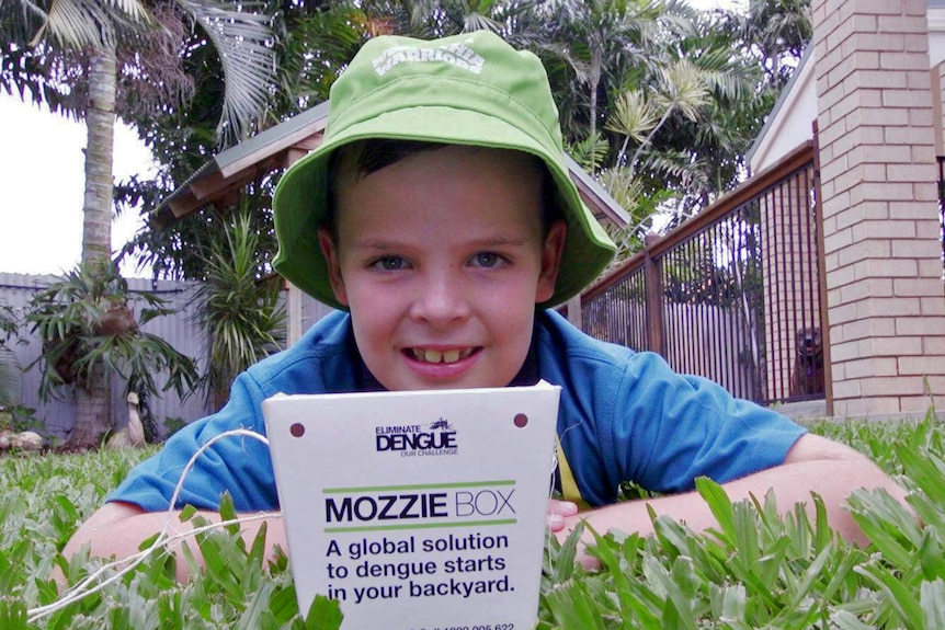 A boy lies behind a small box which contains mosquitoes